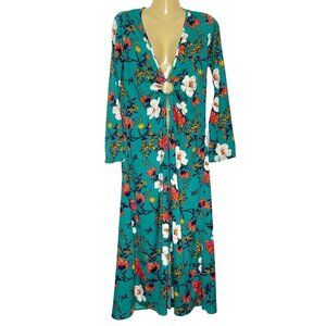 BooHoo Womens Kimono Harri Floral Ring Detail Long Sleeve Teal Size 6 NWT